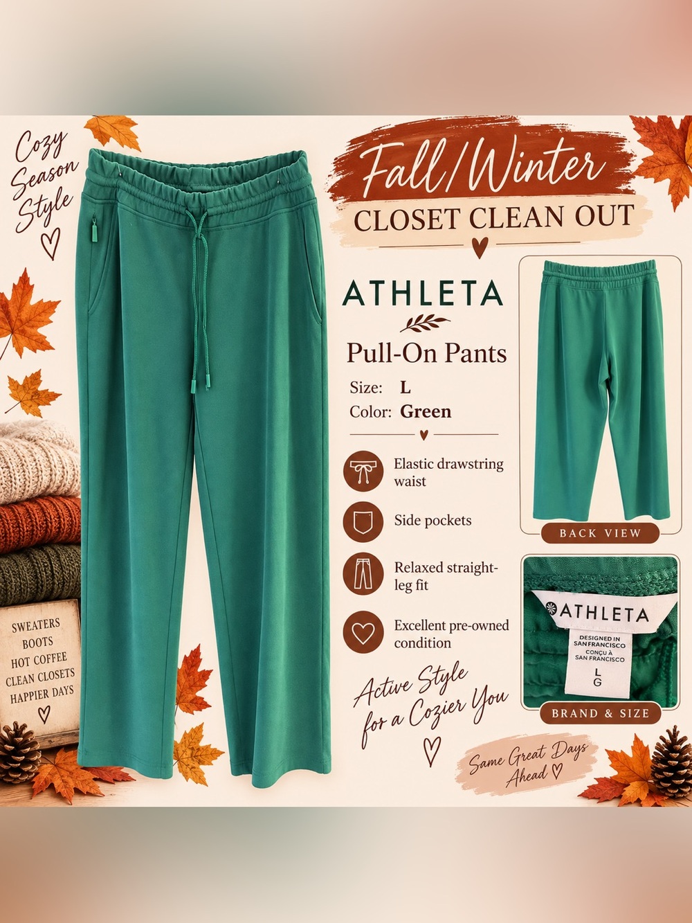 Athleta Teal Green Pull-On Straight-Leg Pants
